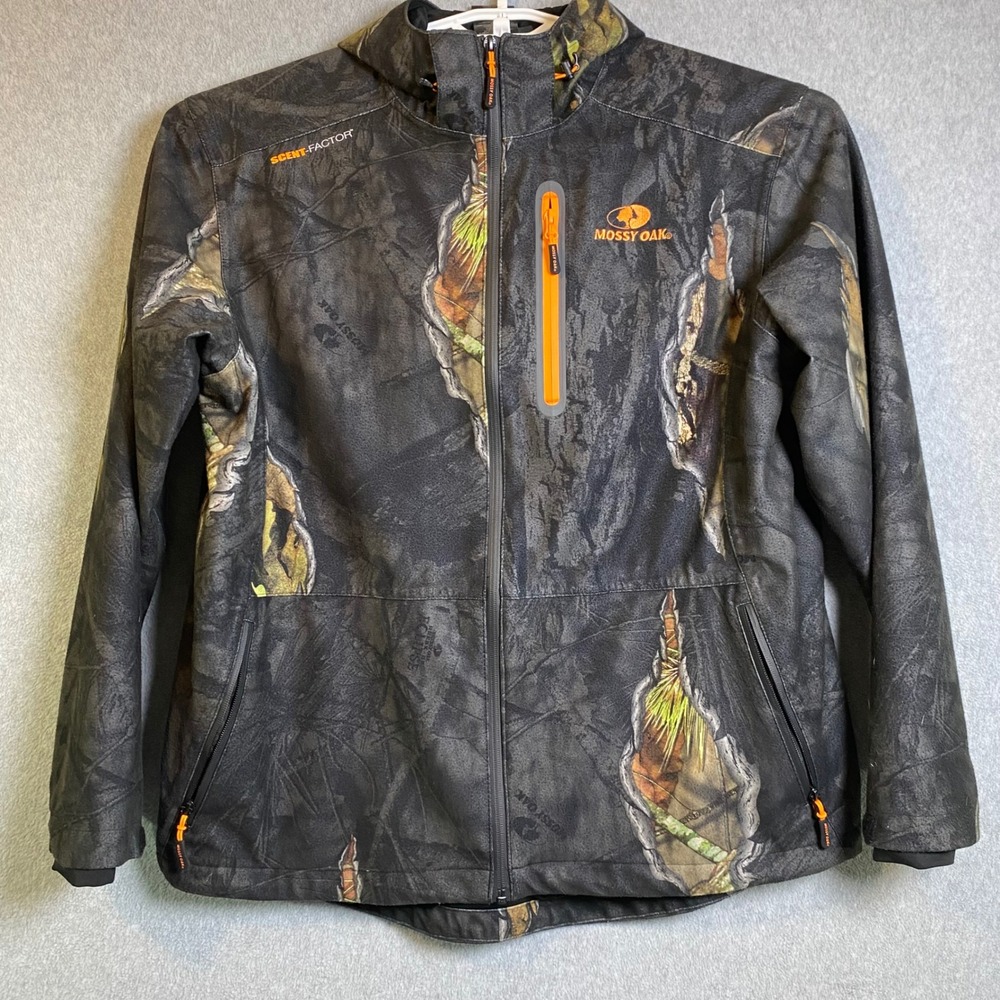 Mossy Oak Camo Hunting Jacket Large Gray Scent-Factor Hooded Softshell‎ EUC